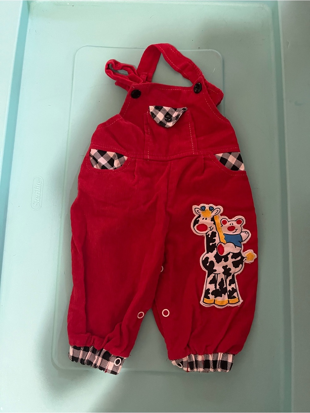 Red Kids Corduroy Overalls with Giraffe Patch Vintage